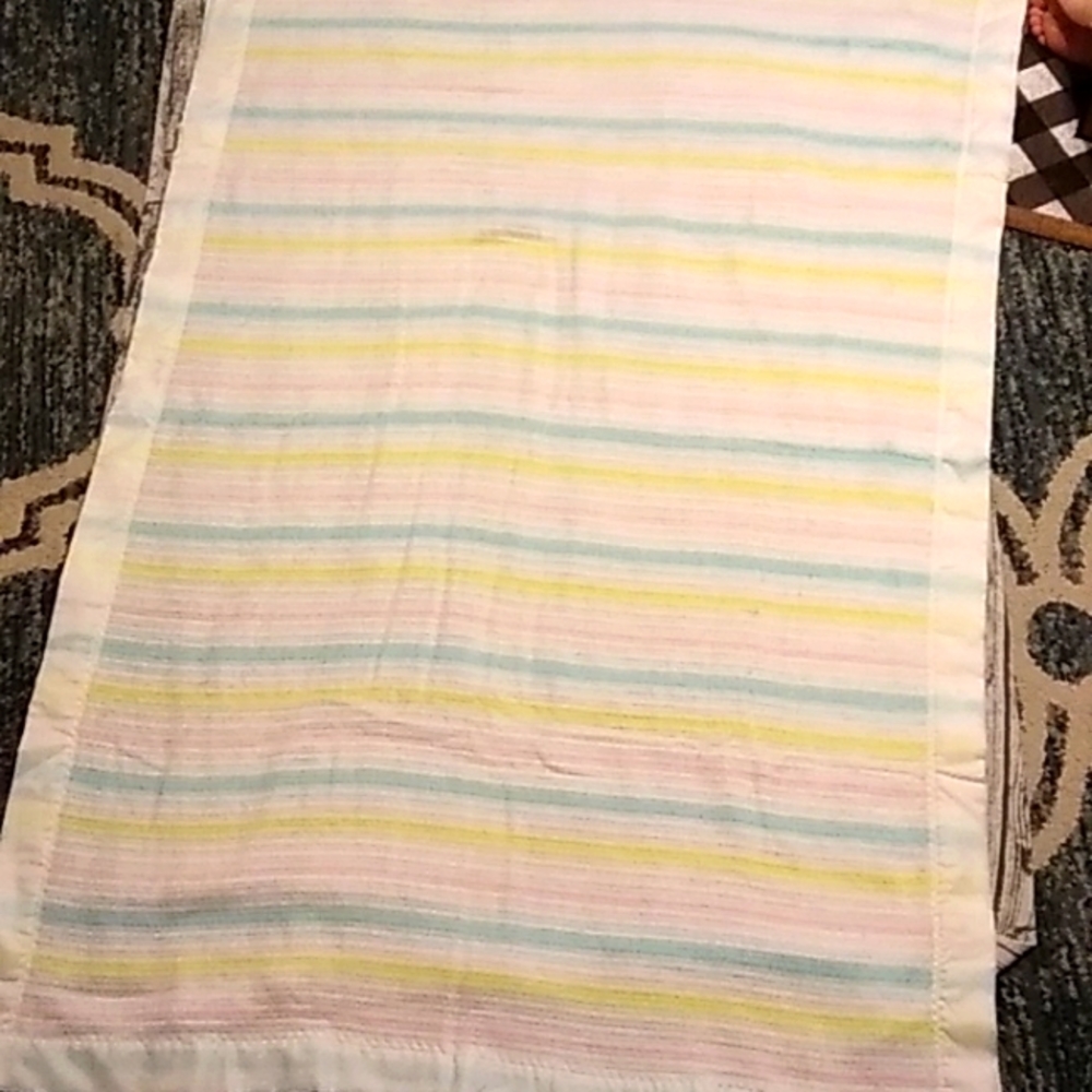 Baby Blanket Vintage Silk Trim Pastel Stripe made in USA